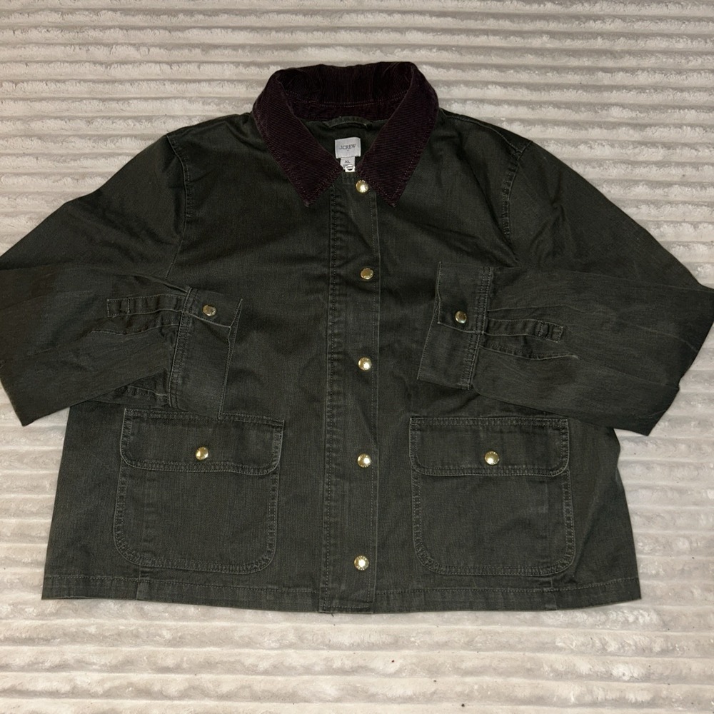 J. Crew  Barn Jacket Size XL Olive Green Chore Corduroy Collar Gold Buttons